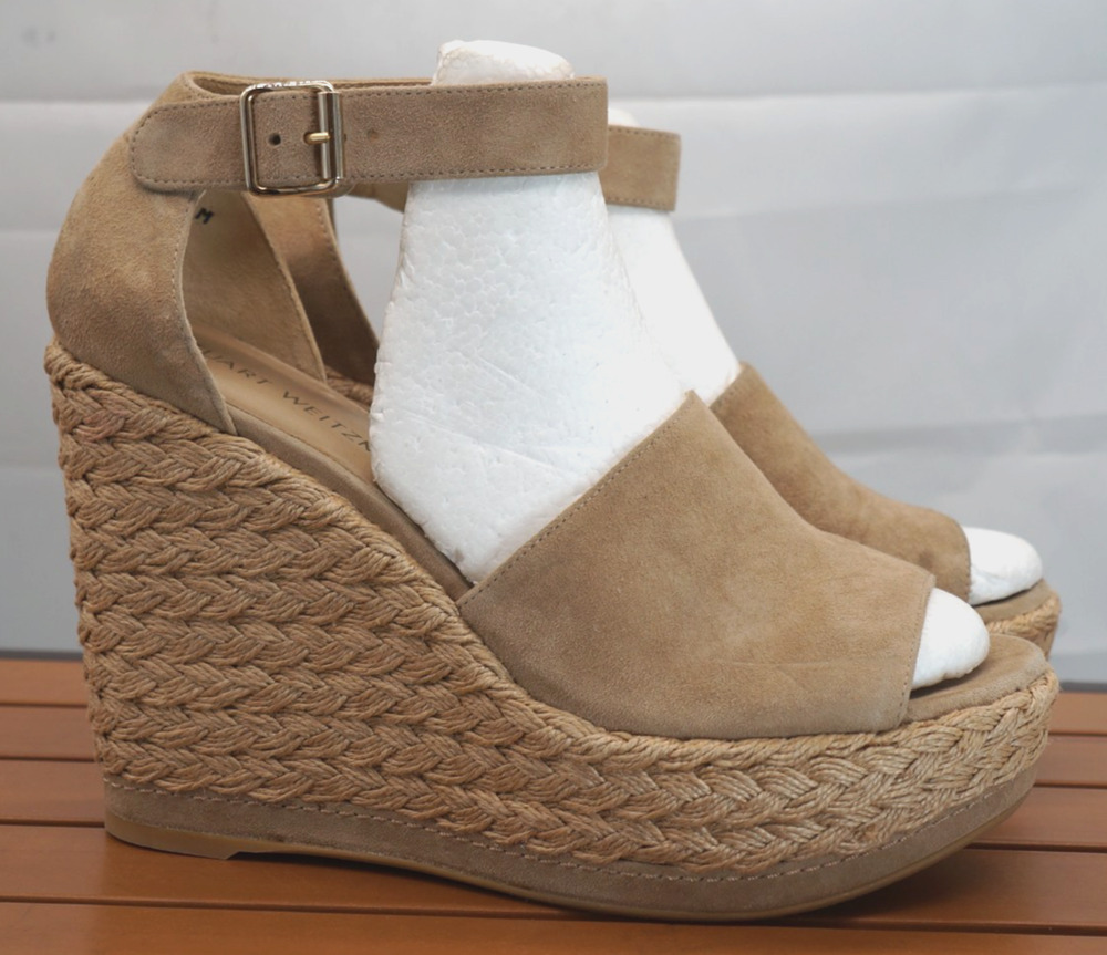 Stuart Weitzman Sohojute Suede Espadrille Wedge Sandals Tan Size 9.5